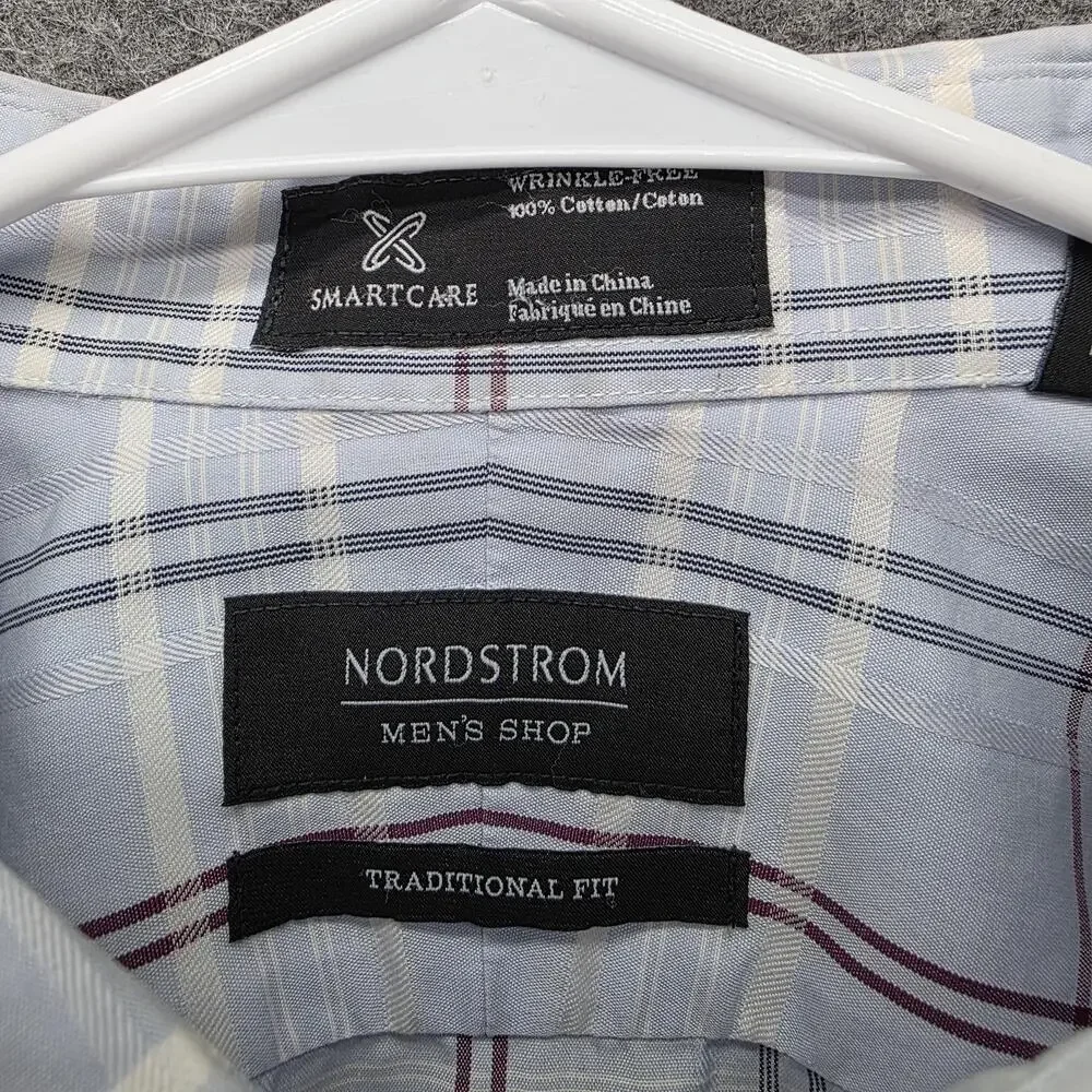 Nordstrom Mens Shop Dress Shirt Mens 17 Blue Plaid Classic Fit Point Collar